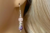 Gemstone Earrings, Sterling Silver Earrings, Rose Quartz and Amethyst Earrings, Amethyst Earrings, Amazonite Earrings