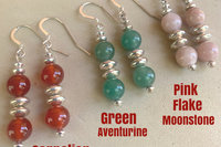 Gemstone Earrings, Sterling Silver Earrings, Carnelian Earrings, Green Aventurine Earrings, Pink Flake Moonstone Earrings