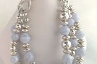 Blue Lace Agate Bracelet, Sterling Silver Bracelet, Gemstone Bracelet, Multistrand, Adjustable Bracelet