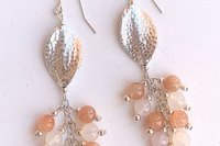 Sterling Silver Gemstone Earrings, Sunstone and White Agate Cluster Earrings, Long Dangle Earrings