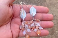 Sterling Silver Gemstone Earrings, Sunstone and White Agate Cluster Earrings, Long Dangle Earrings