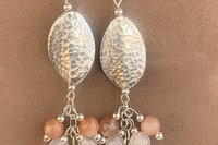 Sterling Silver Gemstone Earrings, Sunstone and White Agate Cluster Earrings, Long Dangle Earrings