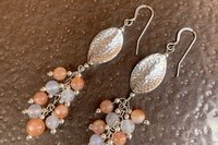 Sterling Silver Gemstone Earrings, Sunstone and White Agate Cluster Earrings, Long Dangle Earrings
