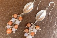 Sterling Silver Gemstone Earrings, Sunstone and White Agate Cluster Earrings, Long Dangle Earrings