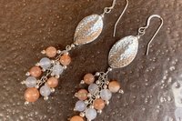 Sterling Silver Gemstone Earrings, Sunstone and White Agate Cluster Earrings, Long Dangle Earrings