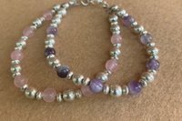 Amethyst and Rose Quartz Bracelet, Sterling Silver Bracelet, Multistrand Gemstone Bracelet