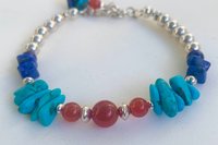 Turquoise, Carnelian and Lapis Lazuli Bracelet, Sterling Silver Bracelet, Mixed Gemstone Bracelet