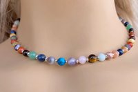 Multicolored Gemstone Necklace with Sterling Silver Beads.