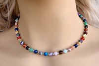 Multicolored Gemstone Necklace with Sterling Silver Beads.