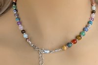Multicolored Gemstone Necklace with Sterling Silver Beads.