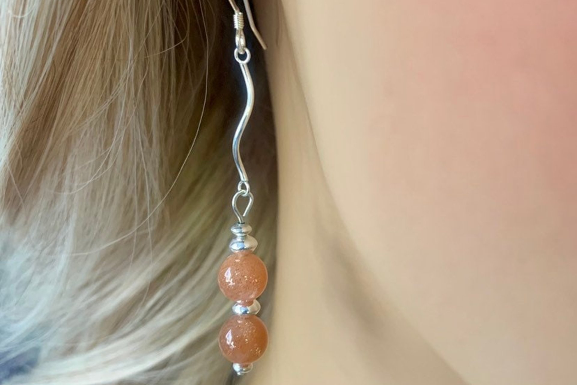 Gemstone Earrings, Sunstone Earrings, Sterling Silver Earrings, Long Dangle Earrings.