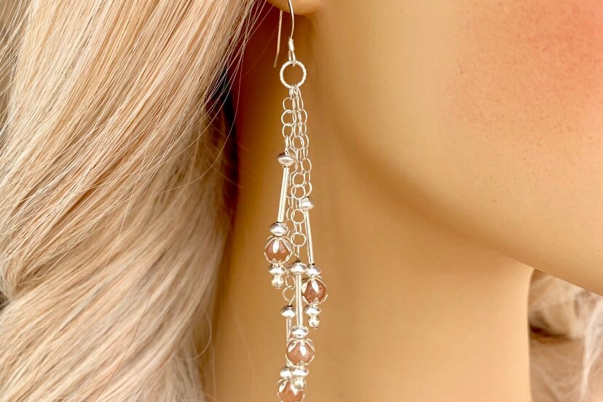 Sunstone Cascading Earrings, Sterling Silver Earrings, Long Dangle Earrings, Gemstone  Earrings, Chain Earrings