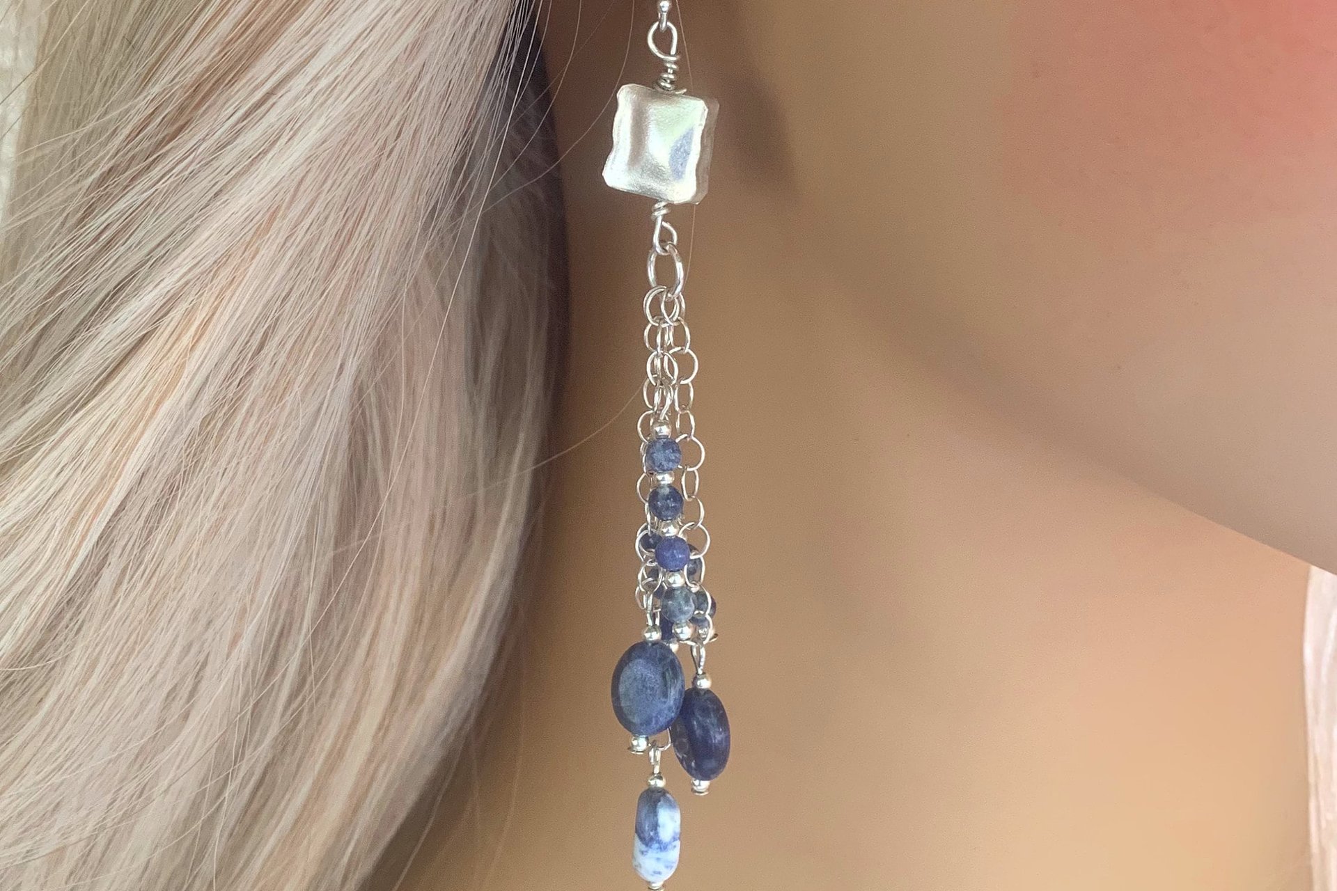 Sodalite Earrings,  Gemstone Earrings, Sterling Silver Earrings,  Sodalite  Long Dangle Earrings, Chain Earrings