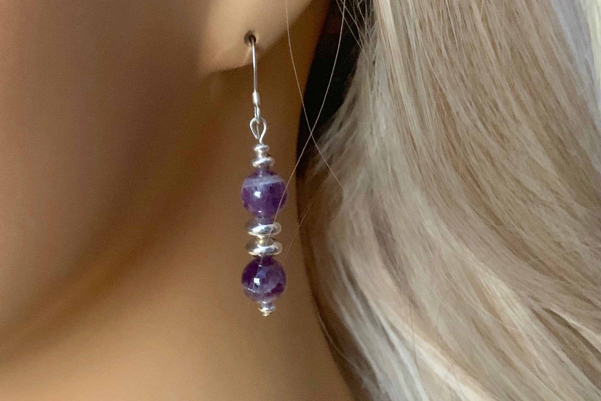 Gemstone Earrings, Sterling Silver Earrings, Rose Quartz and Amethyst Earrings, Amethyst Earrings, Amazonite Earrings