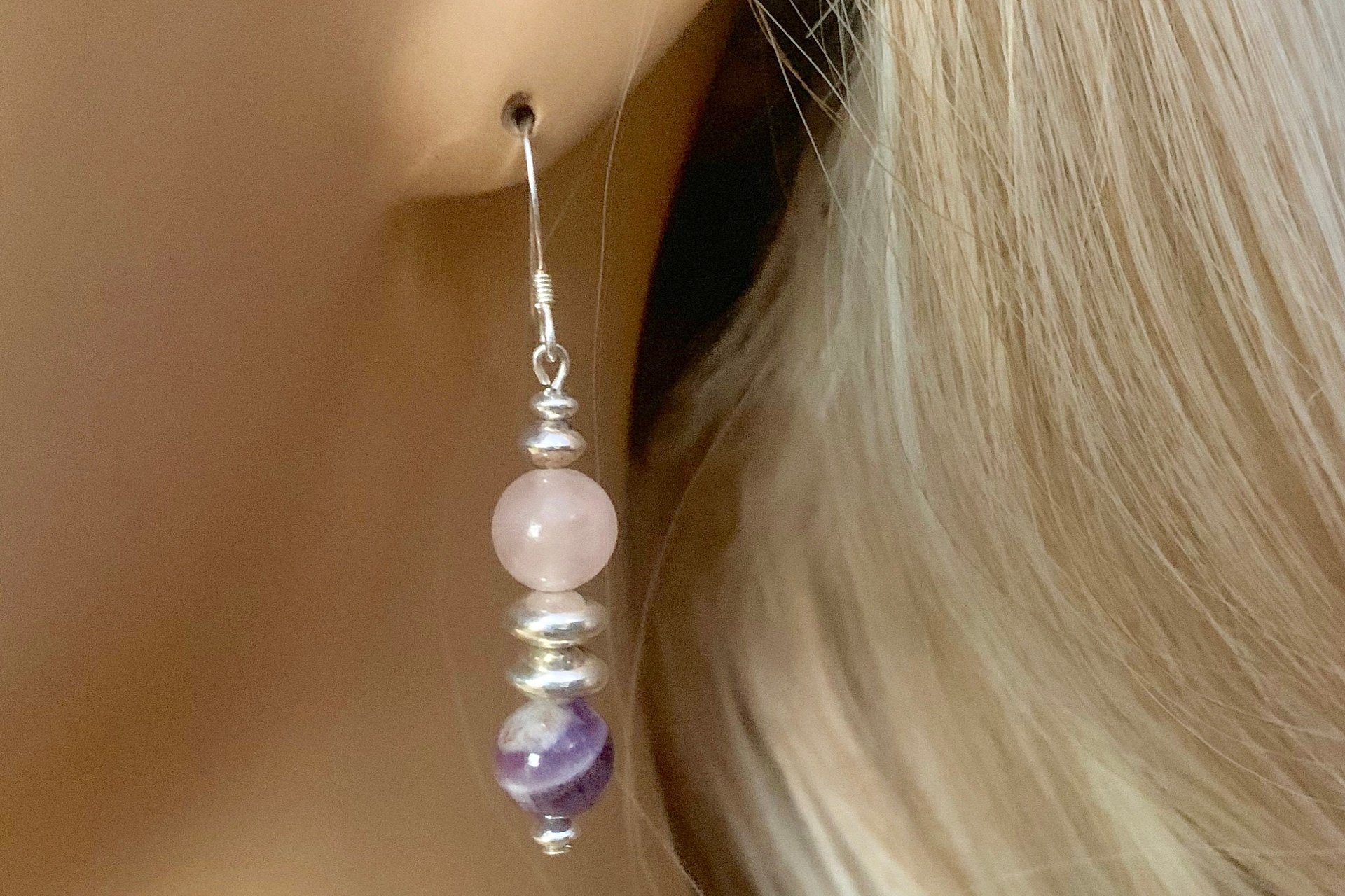 Gemstone Earrings, Sterling Silver Earrings, Rose Quartz and Amethyst Earrings, Amethyst Earrings, Amazonite Earrings