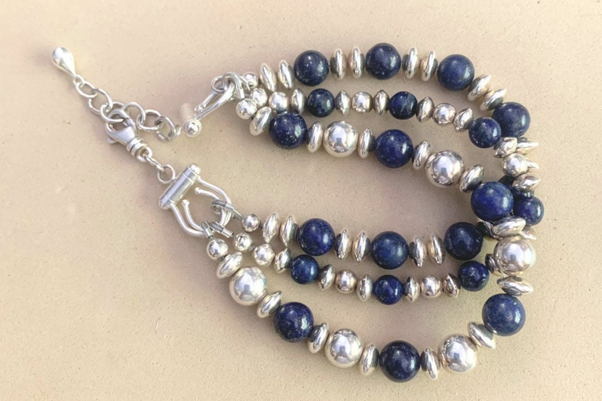 Lapis Lazuli Bracelet, Sterling Silver Bracelet, Gemstone Bracelet,  Multistrand  Bracelet, Adjustable Bracelet