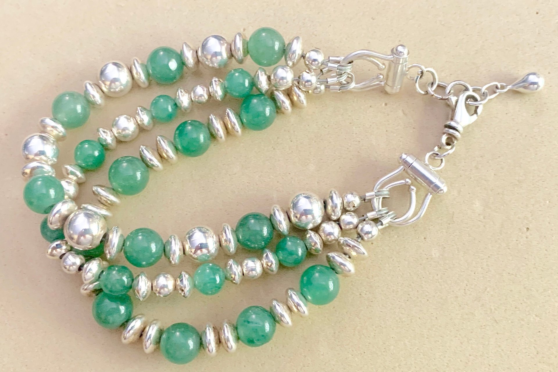 Green Aventurine Bracelet, Sterling Silver Bracelet, Gemstone Bracelet, Adjustable Multistrand Bracelet
