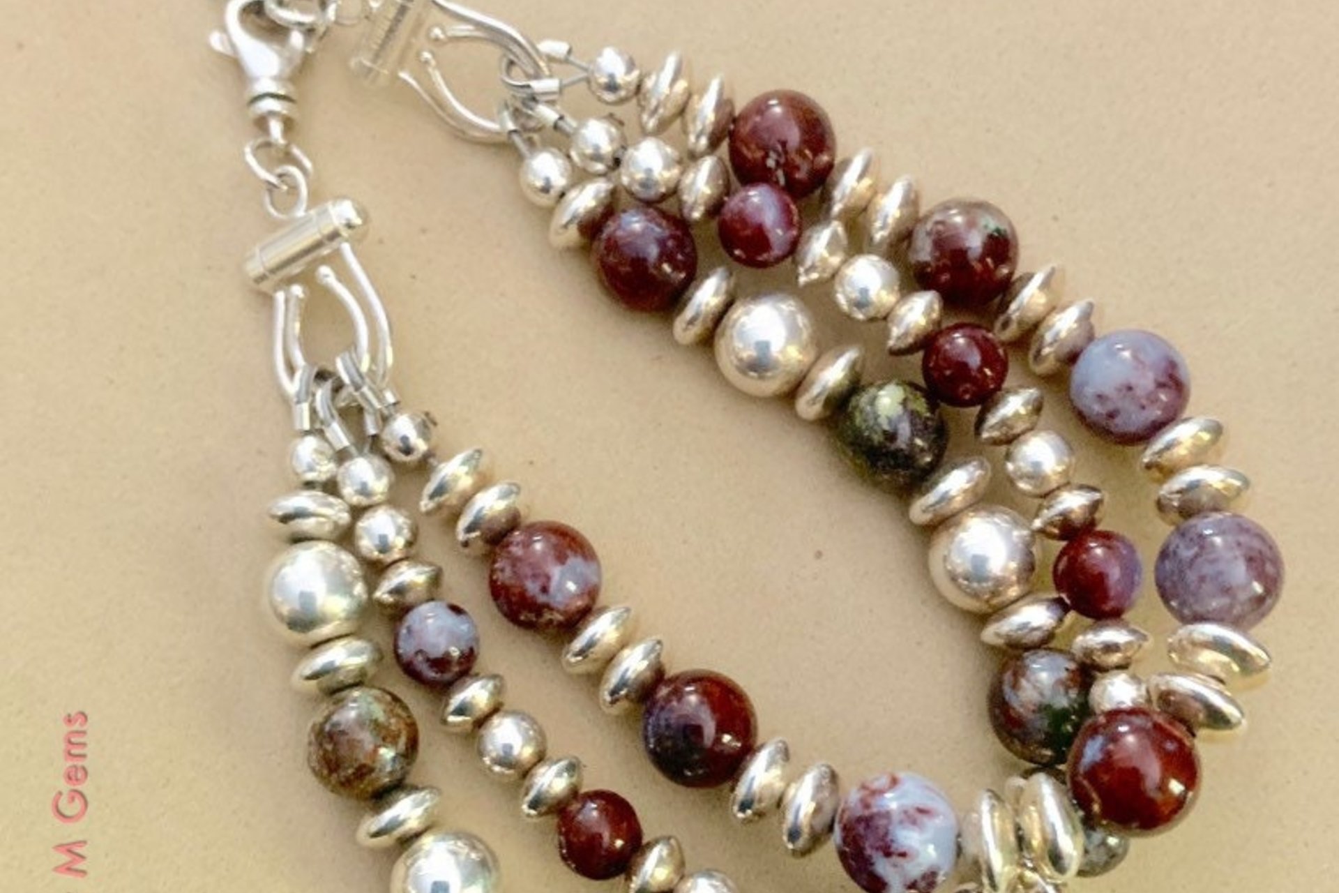 Agate Bracelet, Sterling Silver Bracelet, Red Lightening Agate Bracelet, Gemstone  Bracelet, Multistrand
