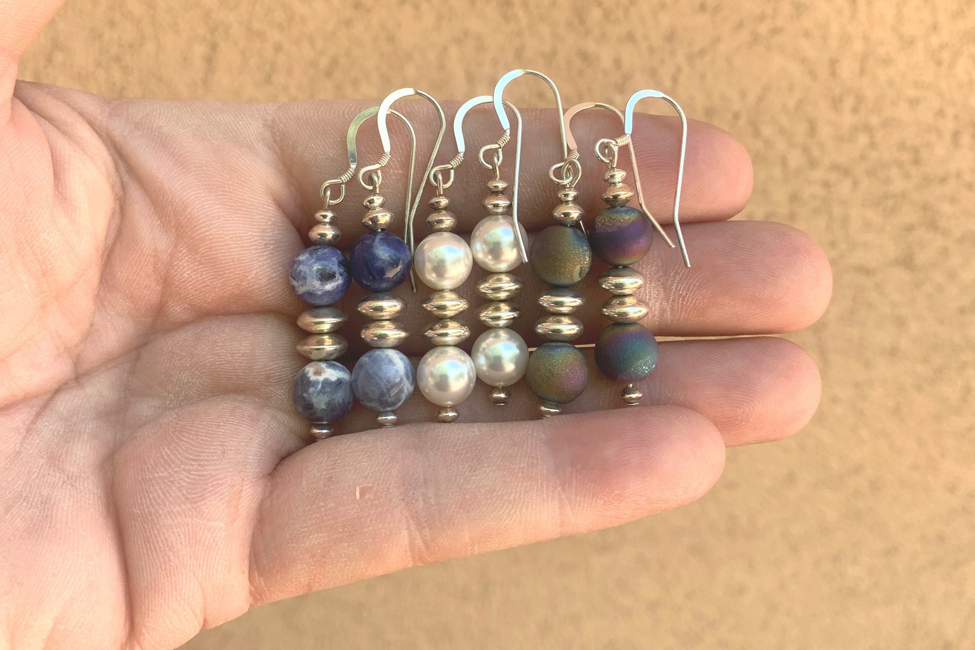 Gemstone Earrings, Sterling Silver Earrings, Sodalite Earrings, White Crystal Pearl Earrings, Druzy Agate Earrings