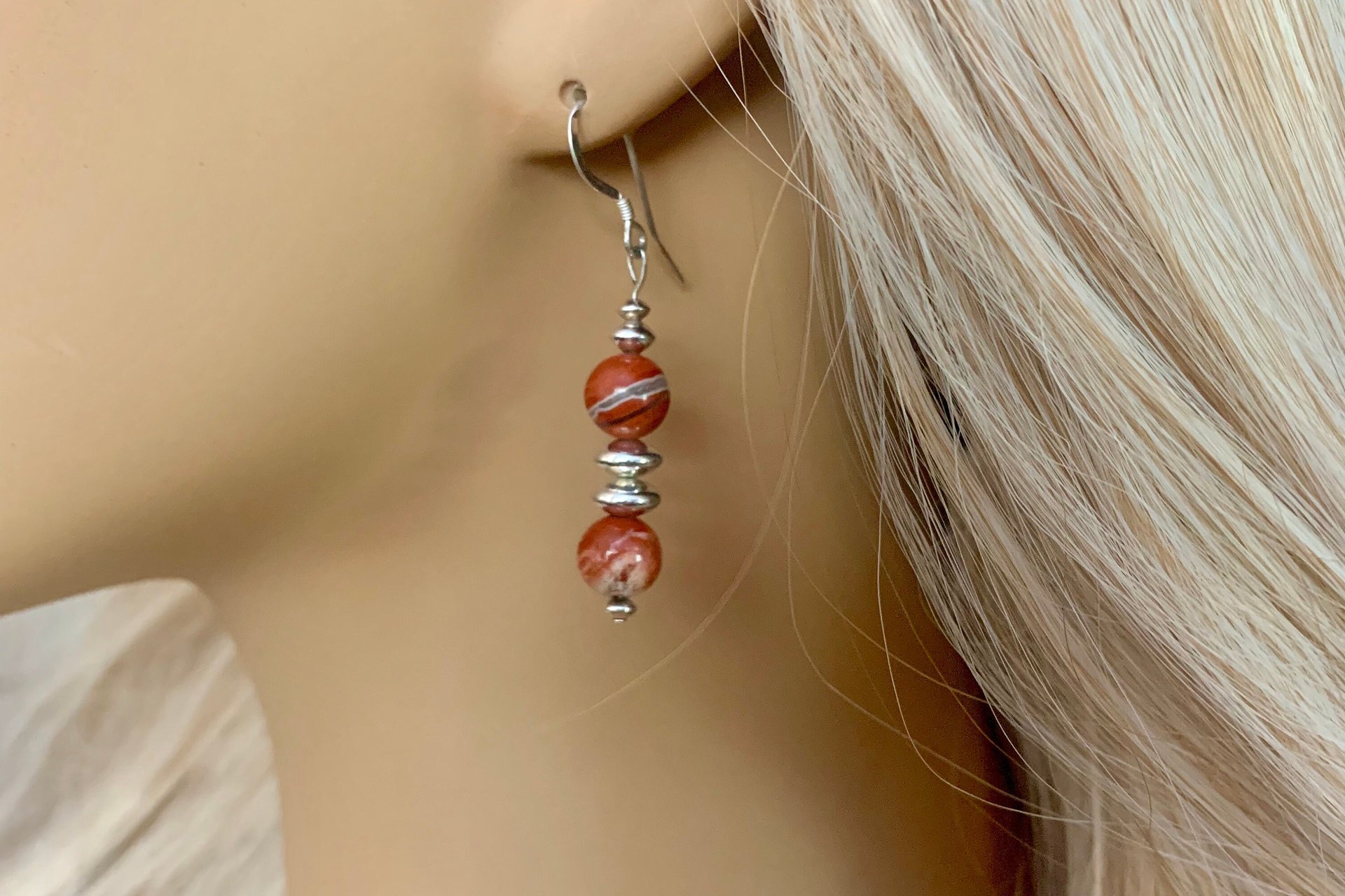 Gemstone Earrings, Sterling Silver Earrings, Red Lightening Agate, Red Jasper, Rose Quartz Earrings