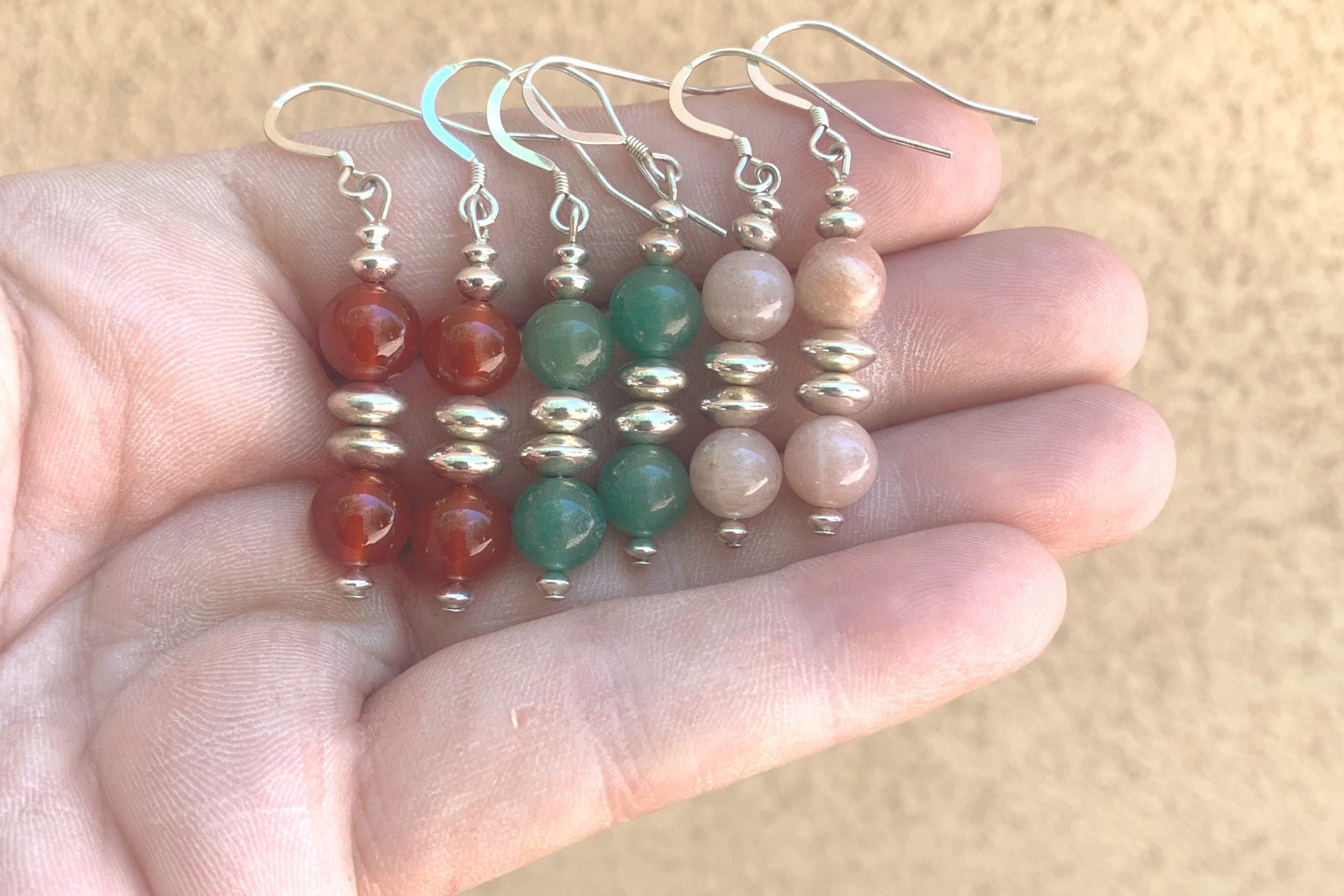 Gemstone Earrings, Sterling Silver Earrings, Carnelian Earrings, Green Aventurine Earrings, Pink Flake Moonstone Earrings