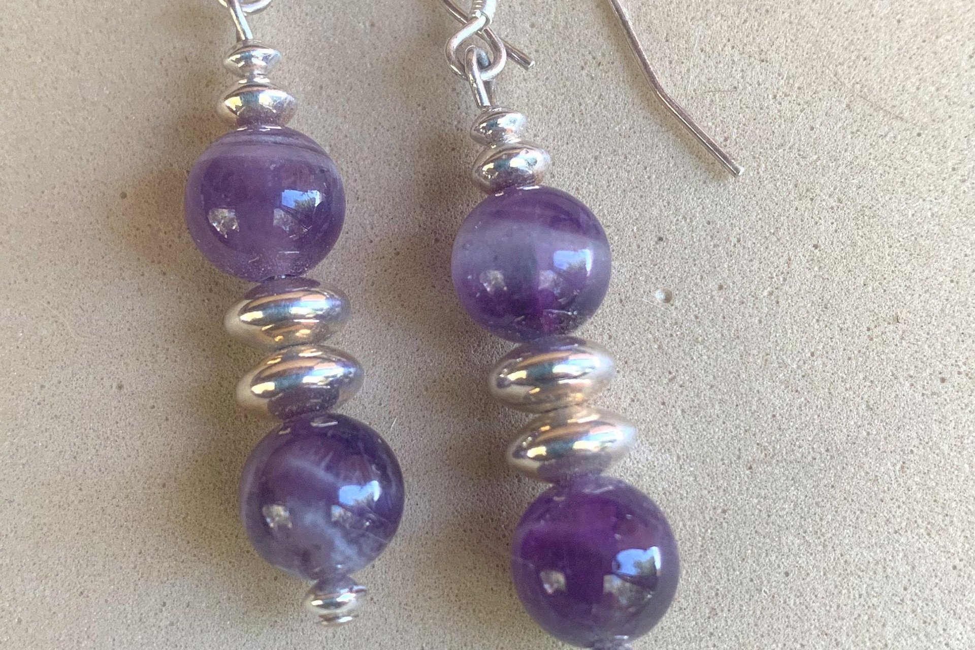 Gemstone Earrings, Sterling Silver Earrings, Rose Quartz and Amethyst Earrings, Amethyst Earrings, Amazonite Earrings