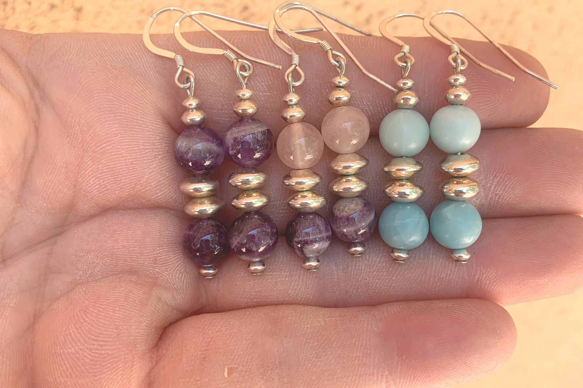Gemstone Earrings, Sterling Silver Earrings, Rose Quartz and Amethyst Earrings, Amethyst Earrings, Amazonite Earrings