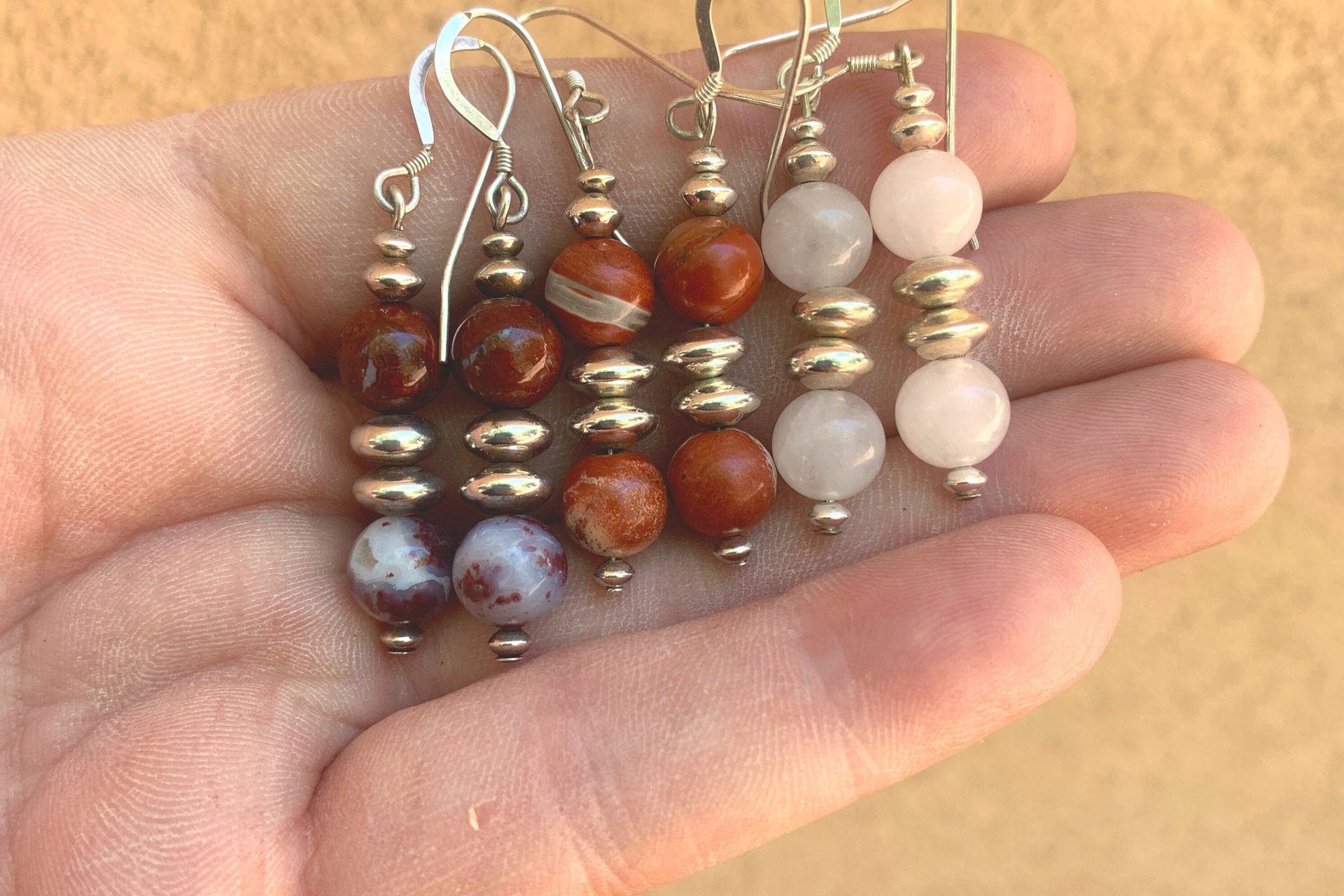 Gemstone Earrings, Sterling Silver Earrings, Red Lightening Agate, Red Jasper, Rose Quartz Earrings