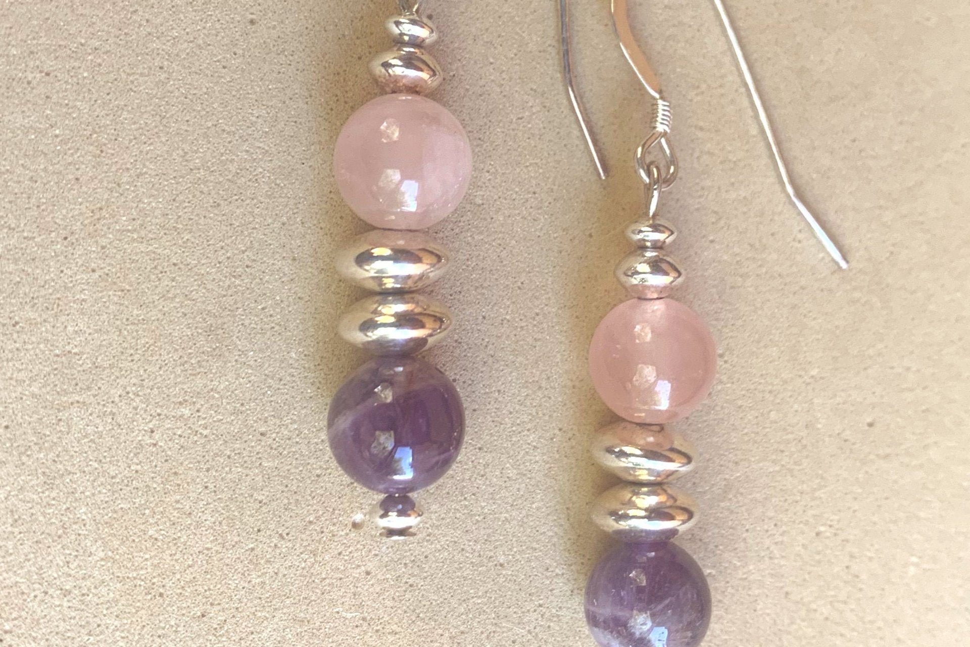 Gemstone Earrings, Sterling Silver Earrings, Rose Quartz and Amethyst Earrings, Amethyst Earrings, Amazonite Earrings
