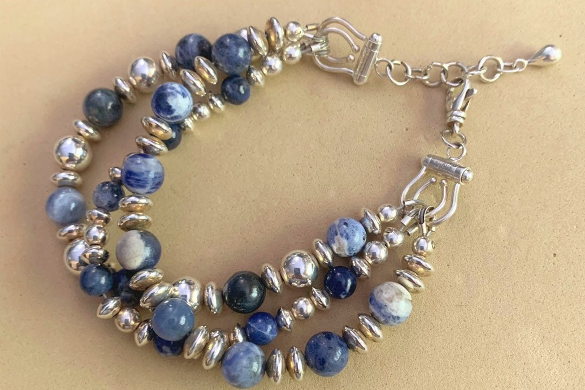 Sterling Silver Bracelet, Sodalite Gemstone Bracelet, Sodalite and Sterling Silver Bracelet, Adjustable Multistrand Bracelet