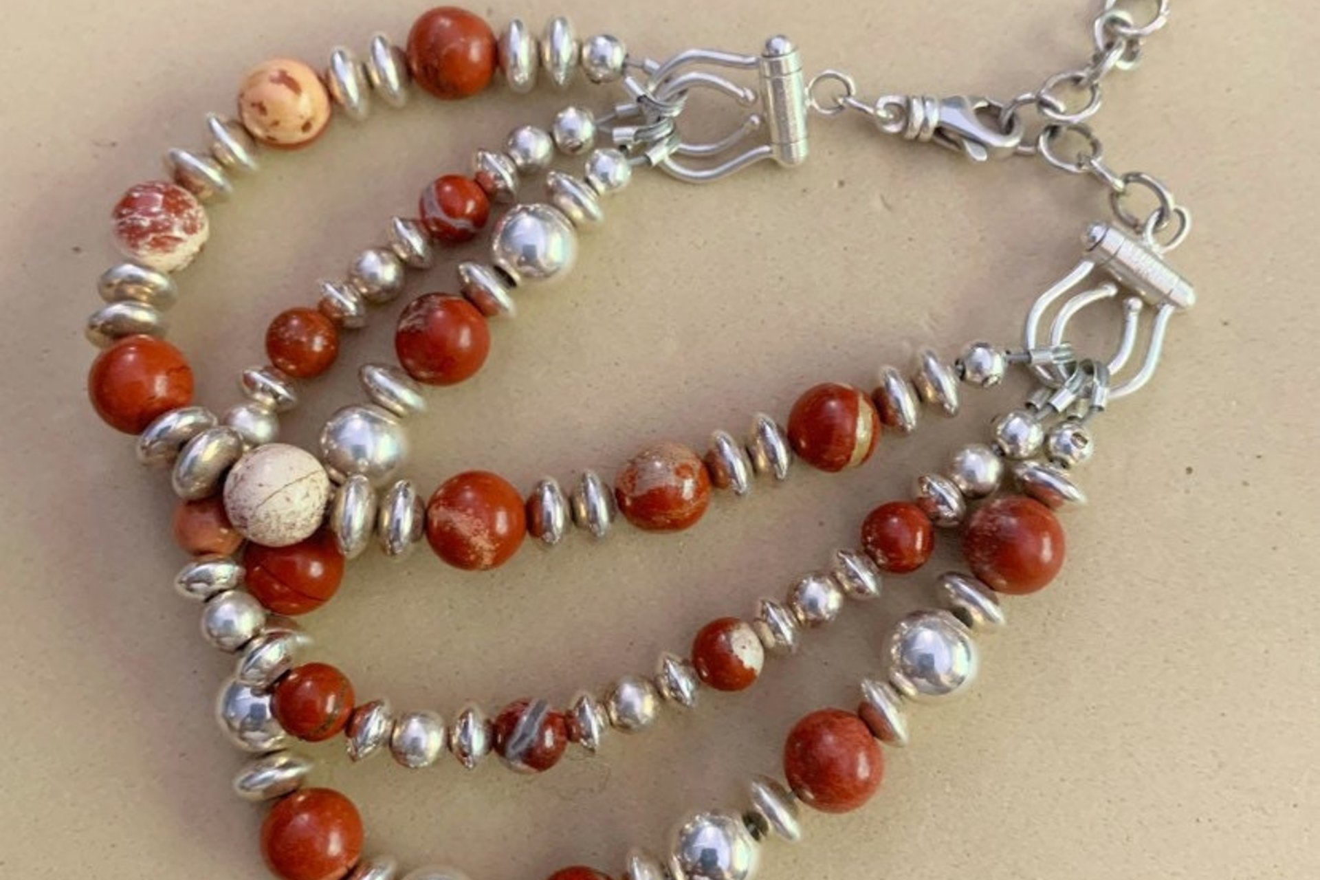 Jasper Bracelet, Sterling Silver Bracelet, Gemstone Bracelet, Multistrand, Adjustable Bracelet