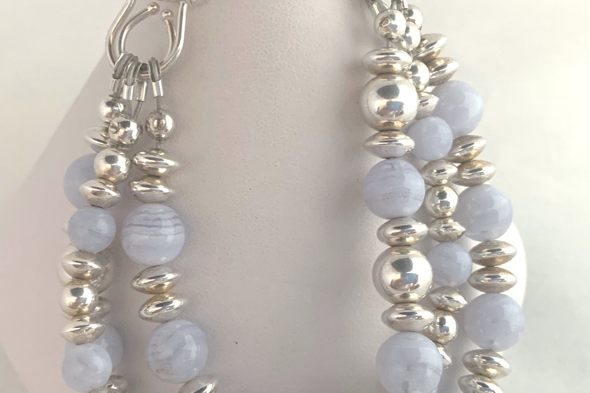 Blue Lace Agate Bracelet, Sterling Silver Bracelet, Gemstone Bracelet, Multistrand, Adjustable Bracelet