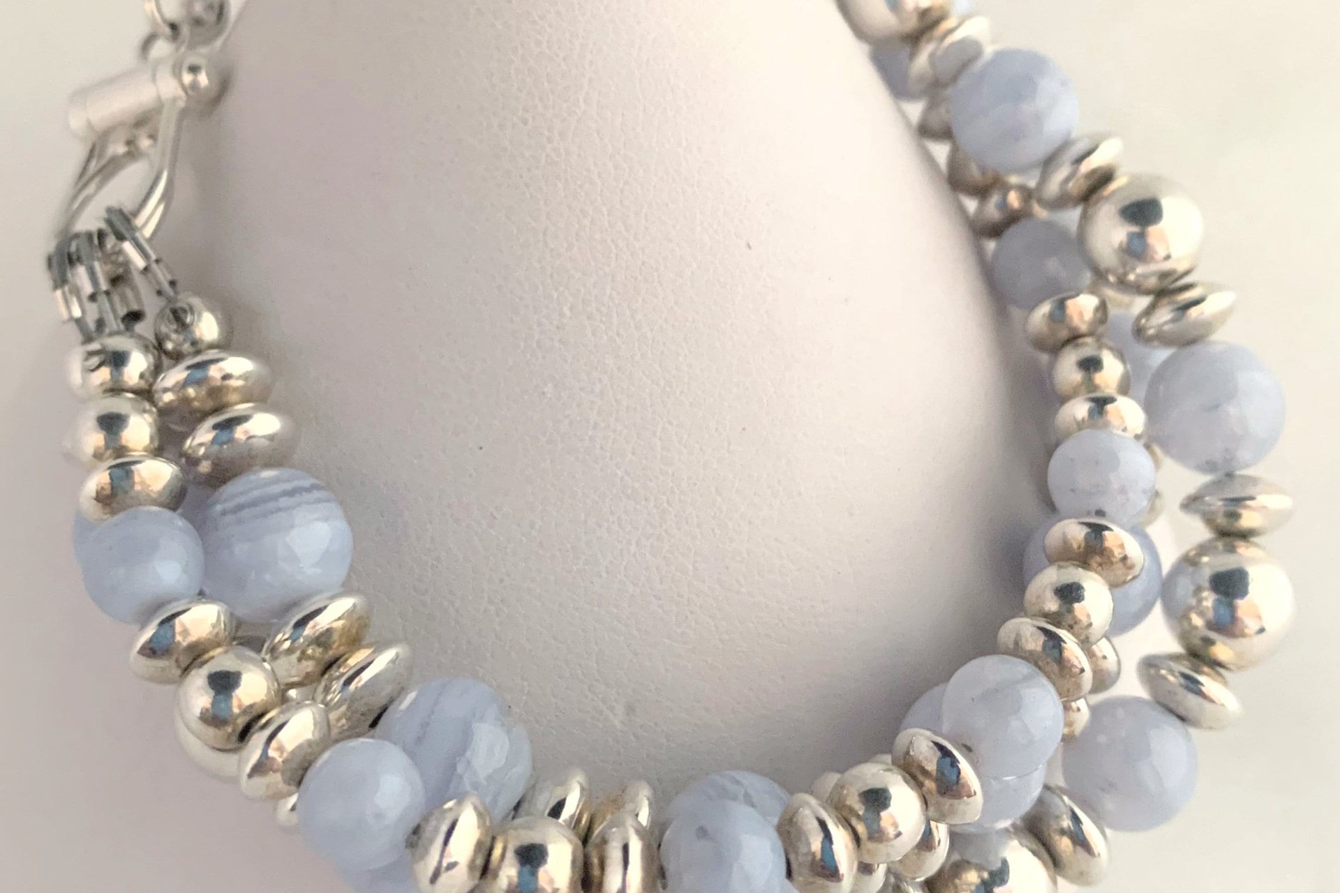 Blue Lace Agate Bracelet, Sterling Silver Bracelet, Gemstone Bracelet, Multistrand, Adjustable Bracelet