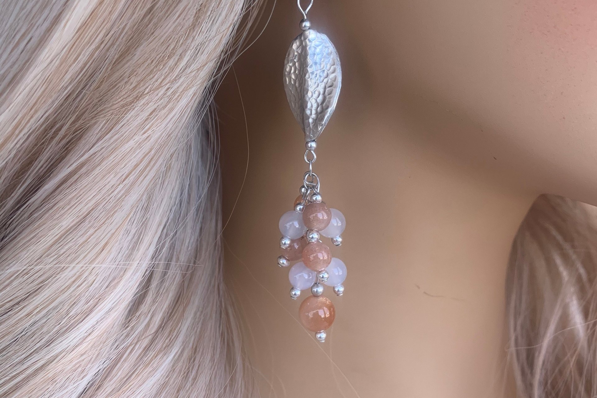 Sterling Silver Gemstone Earrings, Sunstone and White Agate Cluster Earrings, Long Dangle Earrings