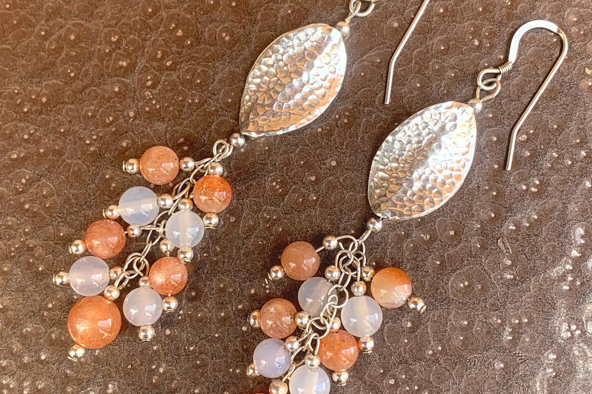 Sterling Silver Gemstone Earrings, Sunstone and White Agate Cluster Earrings, Long Dangle Earrings