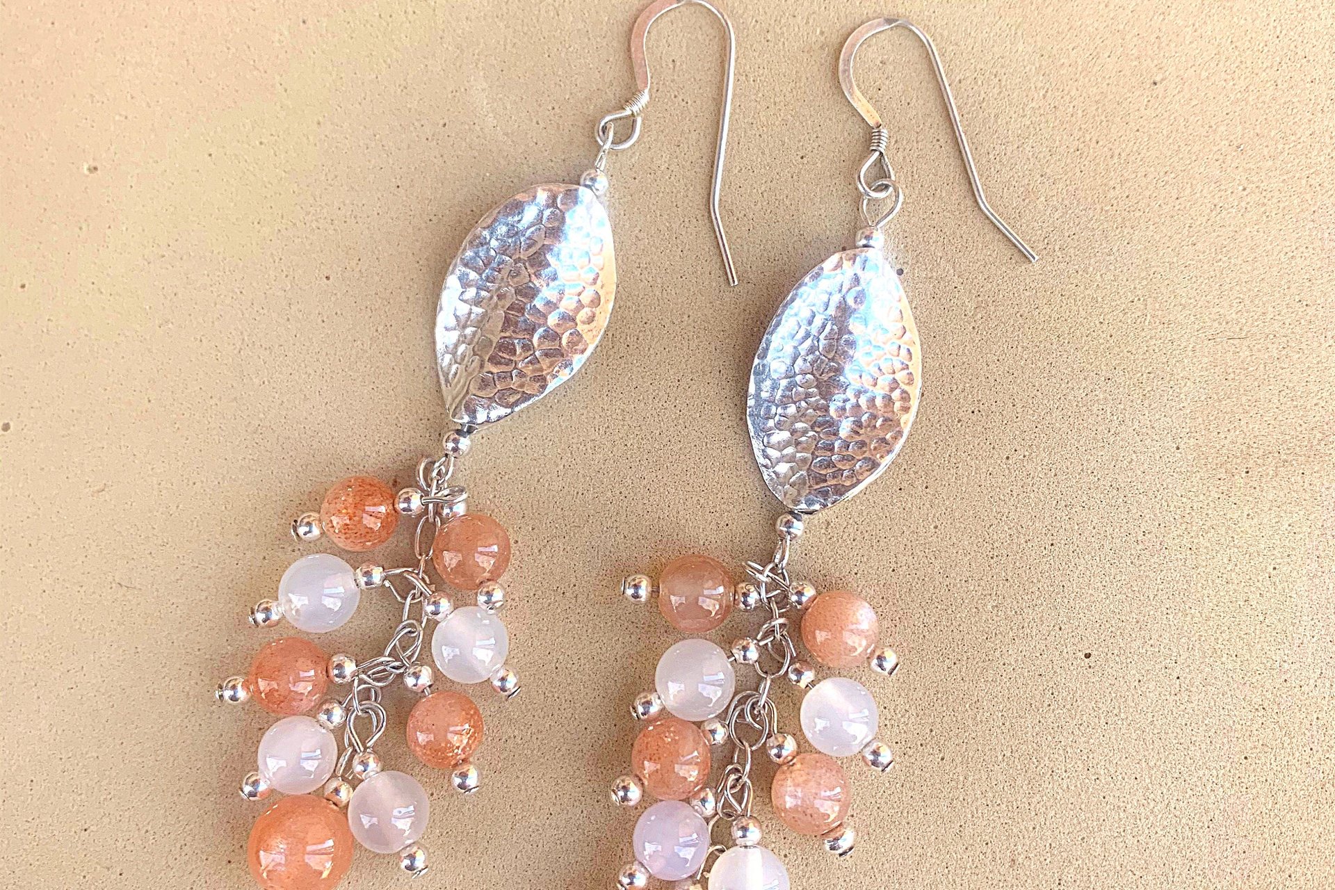 Sterling Silver Gemstone Earrings, Sunstone and White Agate Cluster Earrings, Long Dangle Earrings