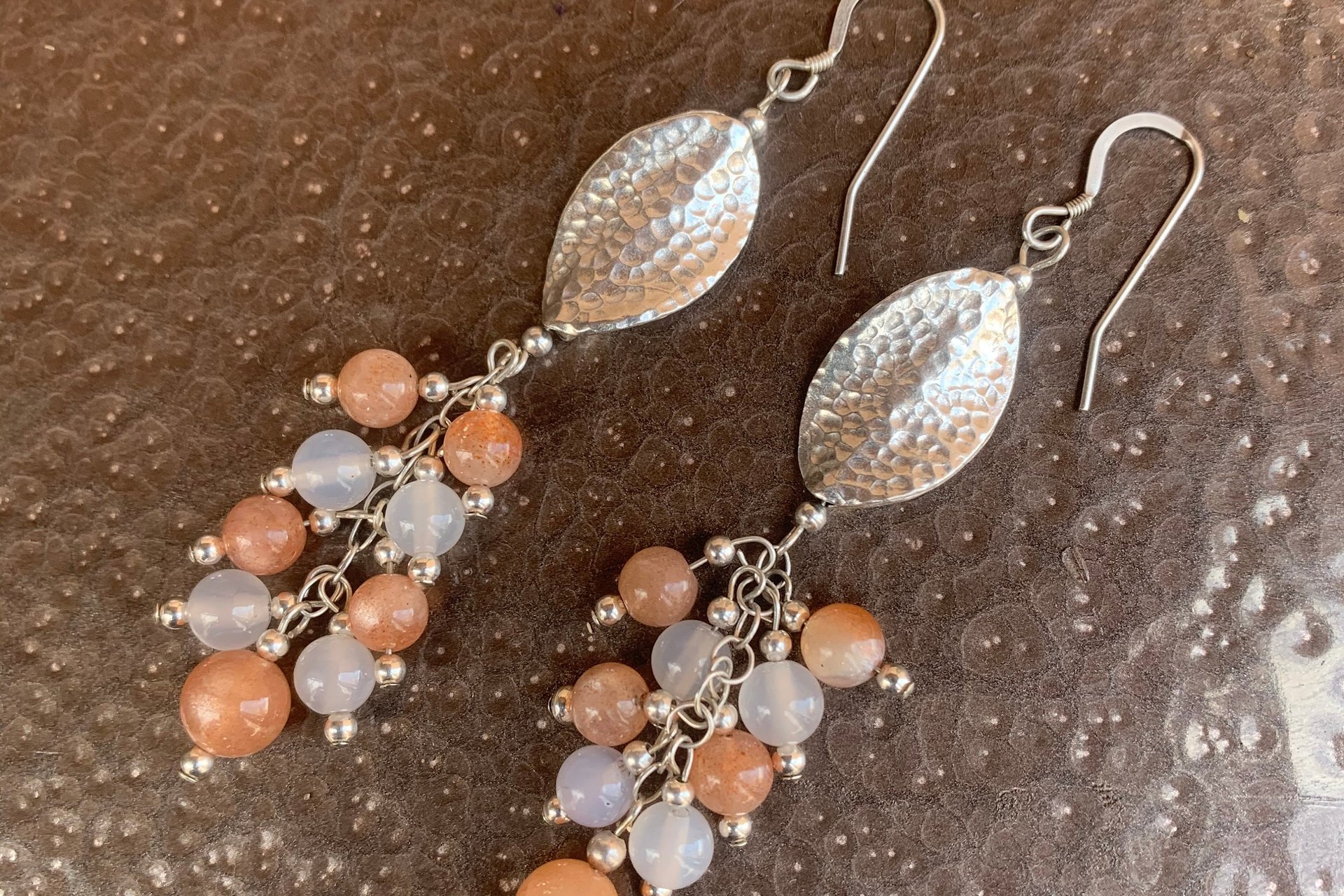 Sterling Silver Gemstone Earrings, Sunstone and White Agate Cluster Earrings, Long Dangle Earrings