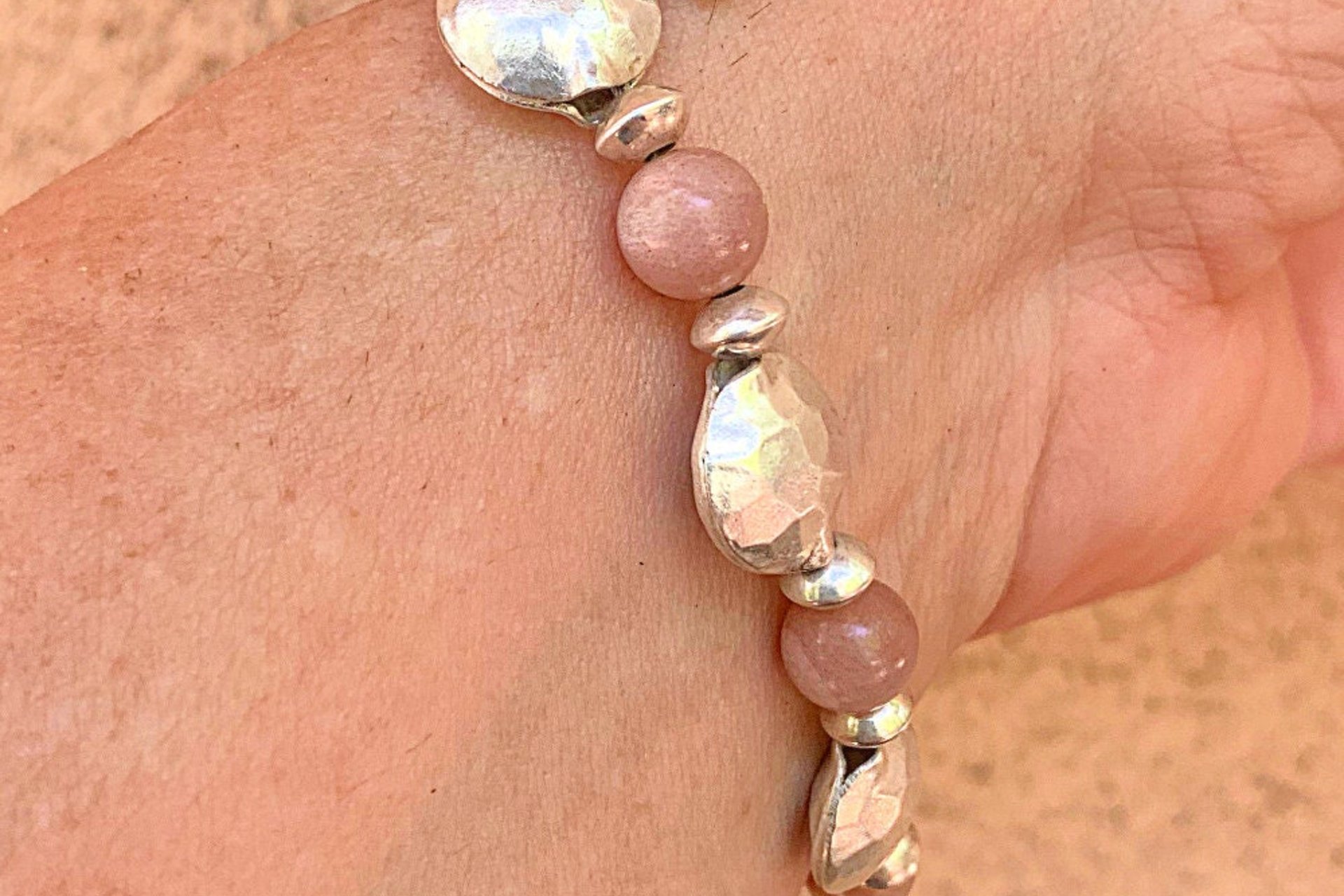 Moonstone Bracelet, Hill Tribe Fine Silver Bracelet, Pink Flake Moonstone Bracelet, Gemstone Bracelet