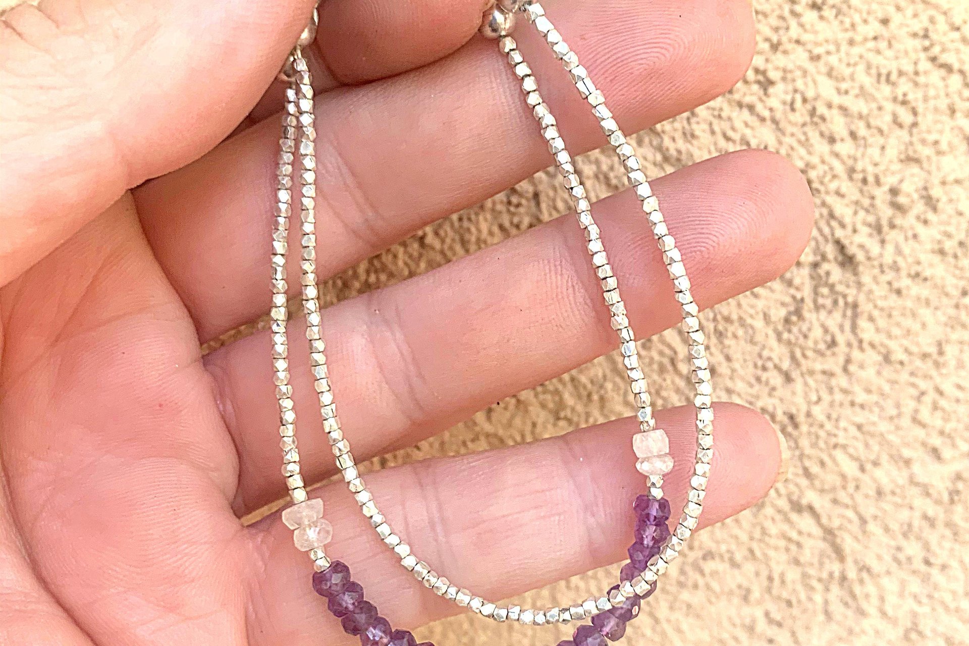 Amethyst and Moonstone Bracelet, Multi-strand, Gemstone Bracelet, Hill Tribe Fine Silver Bracelet, Adjustable Bracelet