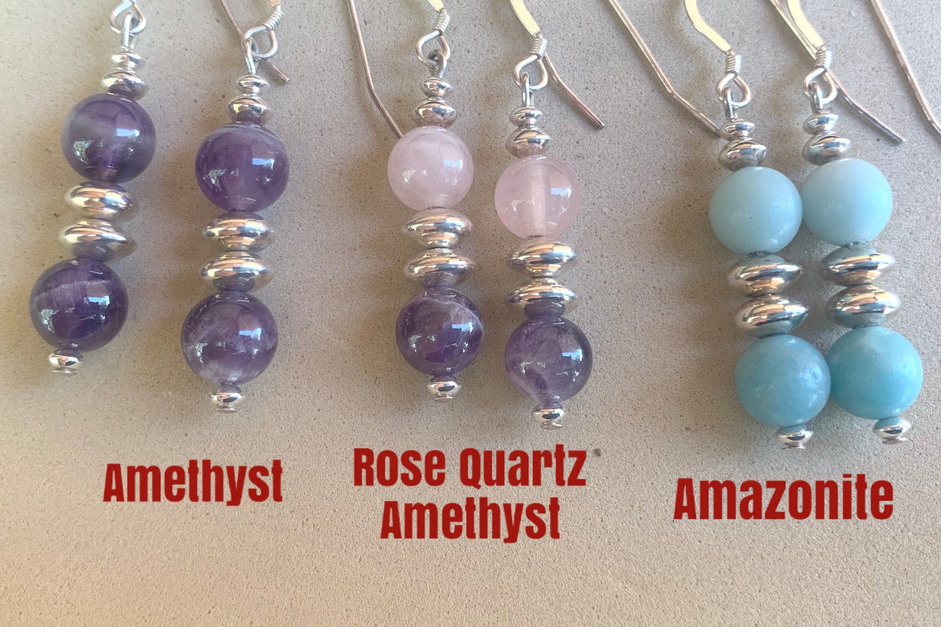 Gemstone Earrings, Sterling Silver Earrings, Rose Quartz and Amethyst Earrings, Amethyst Earrings, Amazonite Earrings
