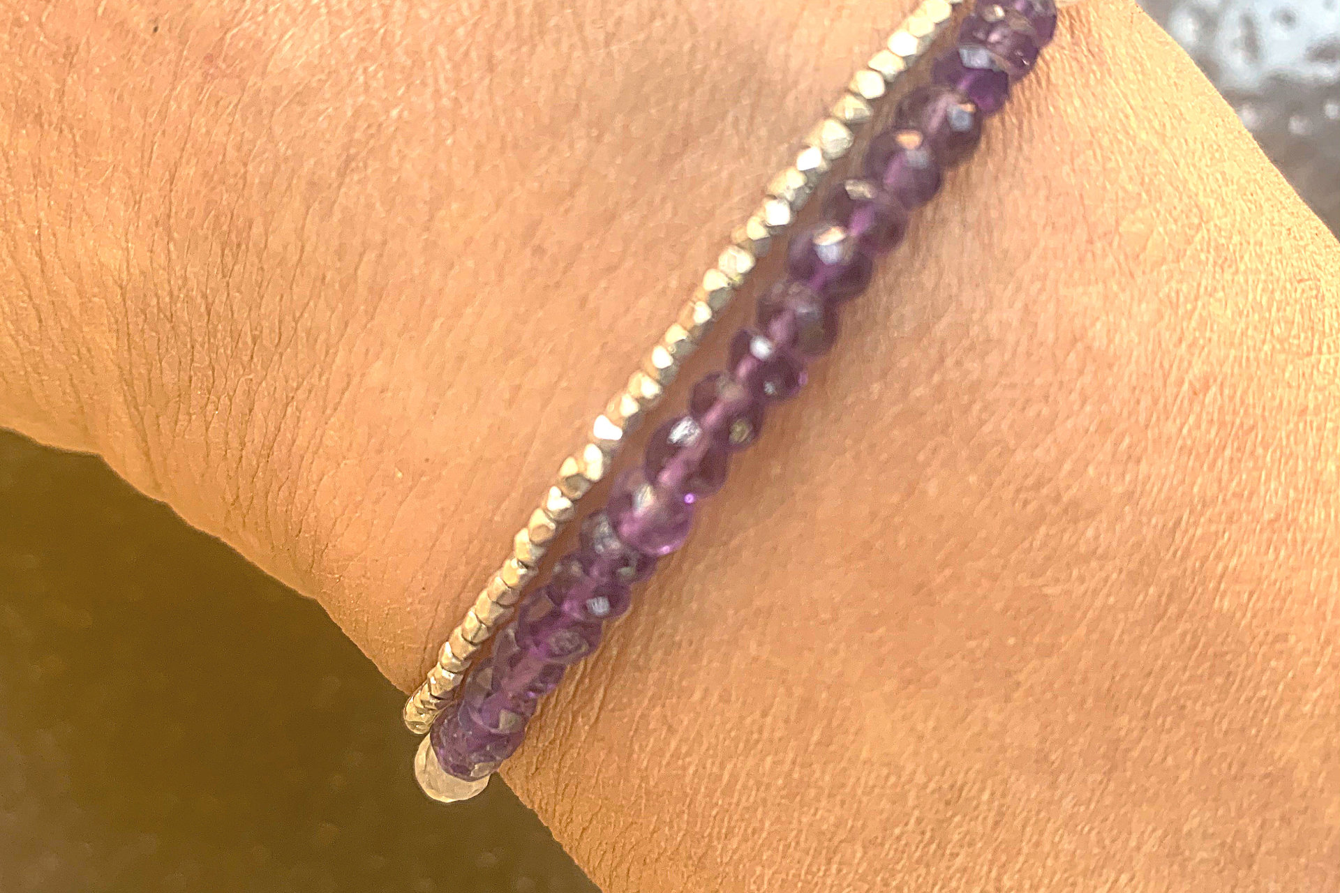 Amethyst and Moonstone Bracelet, Multi-strand, Gemstone Bracelet, Hill Tribe Fine Silver Bracelet, Adjustable Bracelet