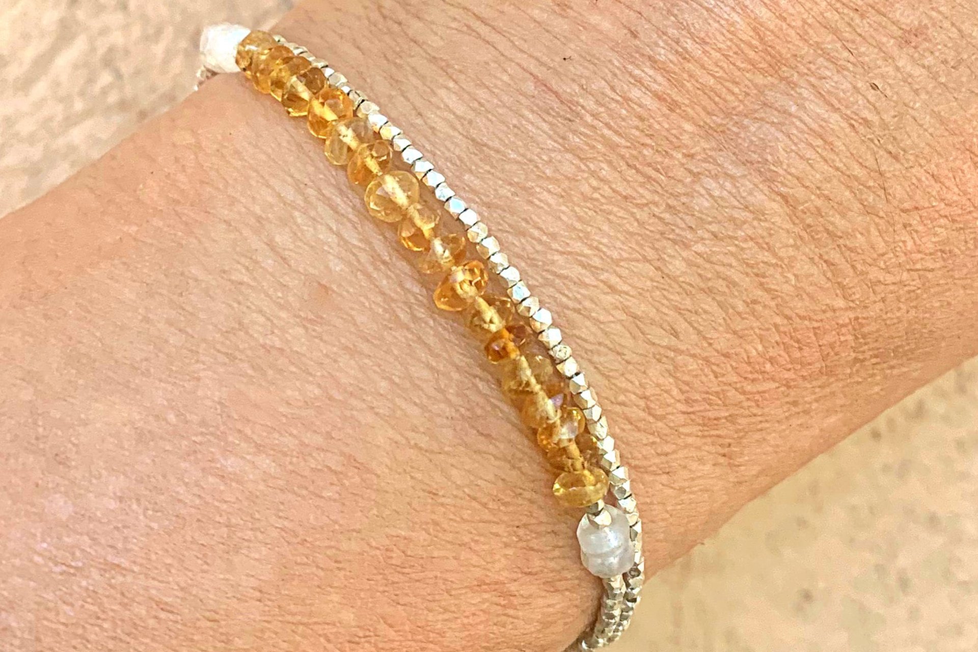 Citrine Bracelet, Hill Tribe Fine Silver Bracelet, Gemstone Bracelet, Citrine and Moonstone Bracelet, Multistrand Adjustable Bracelet