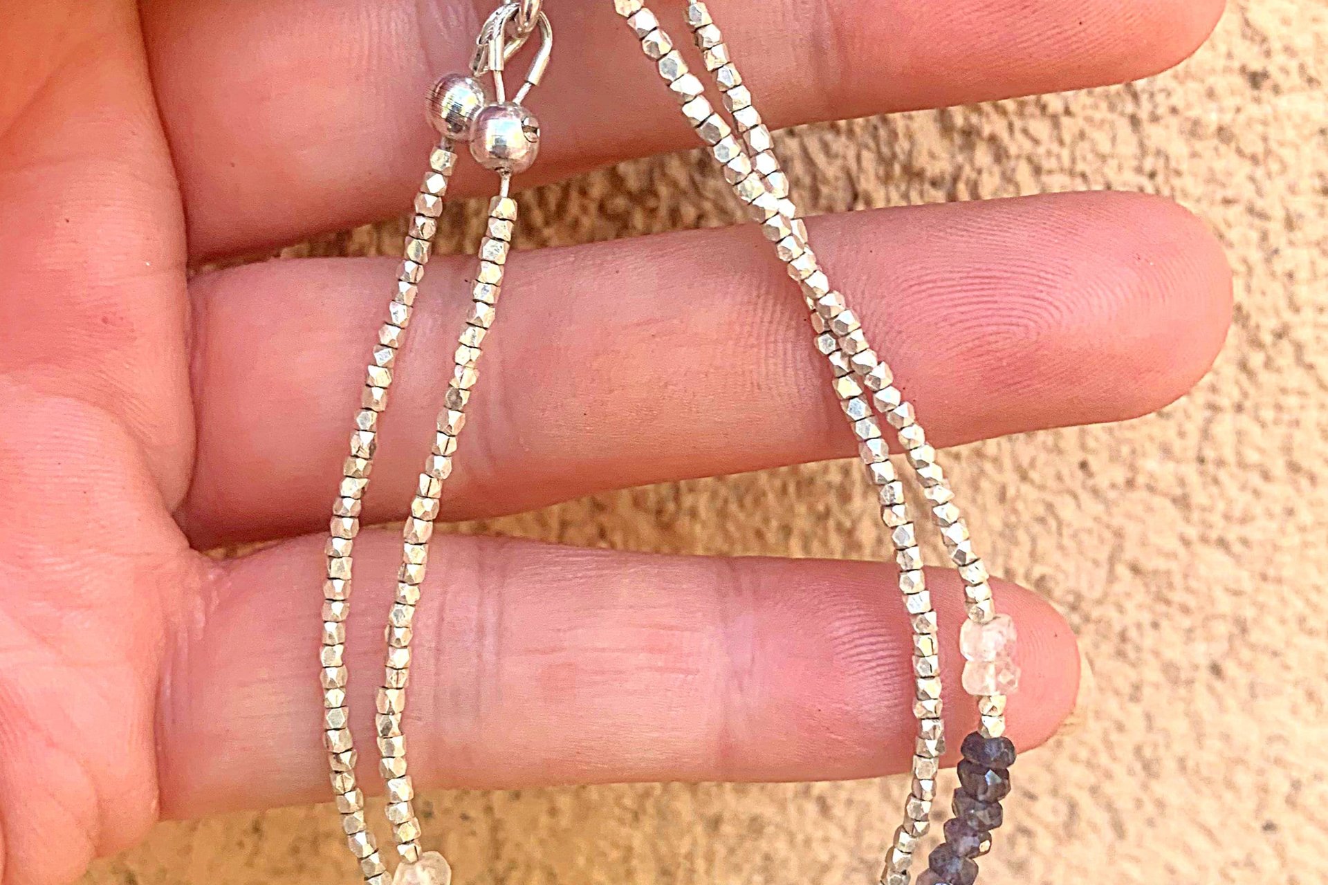 Iolite and Moonstone Bracelet, Hill Tribe Fine Silver Bracelet, Gemstone Bracelet,  Multistrand Adjustable Bracelet