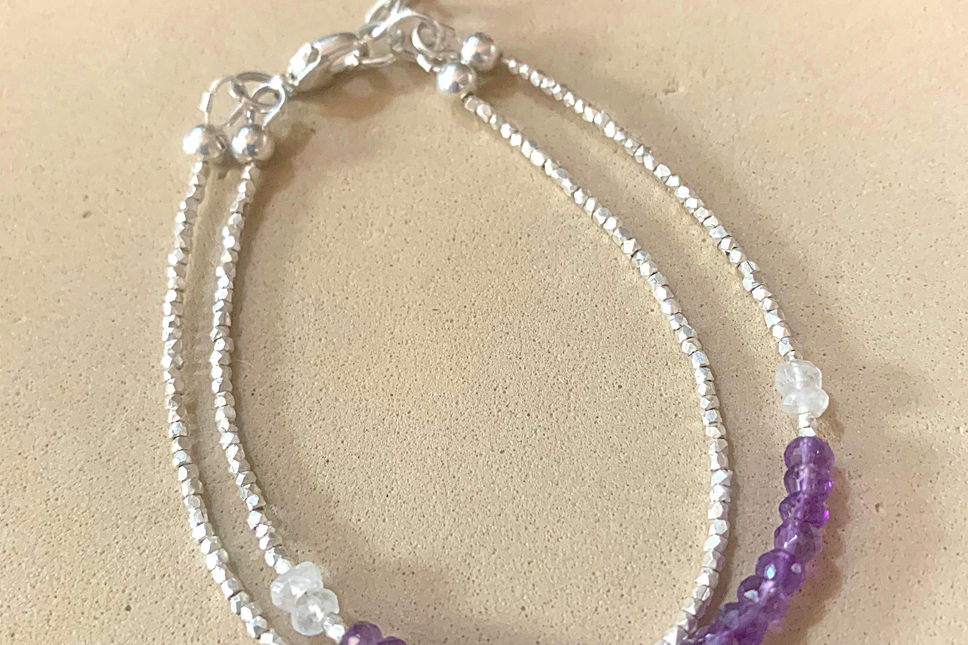 Iolite and Moonstone Bracelet, Hill Tribe Fine Silver Bracelet, Gemstone Bracelet,  Multistrand Adjustable Bracelet