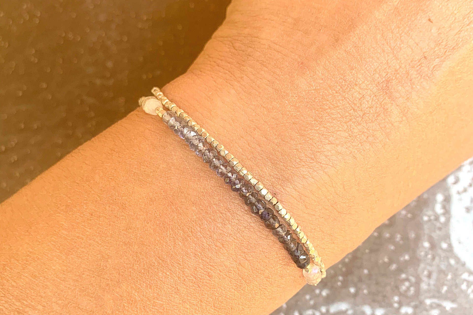 Iolite and Moonstone Bracelet, Hill Tribe Fine Silver Bracelet, Gemstone Bracelet,  Multistrand Adjustable Bracelet