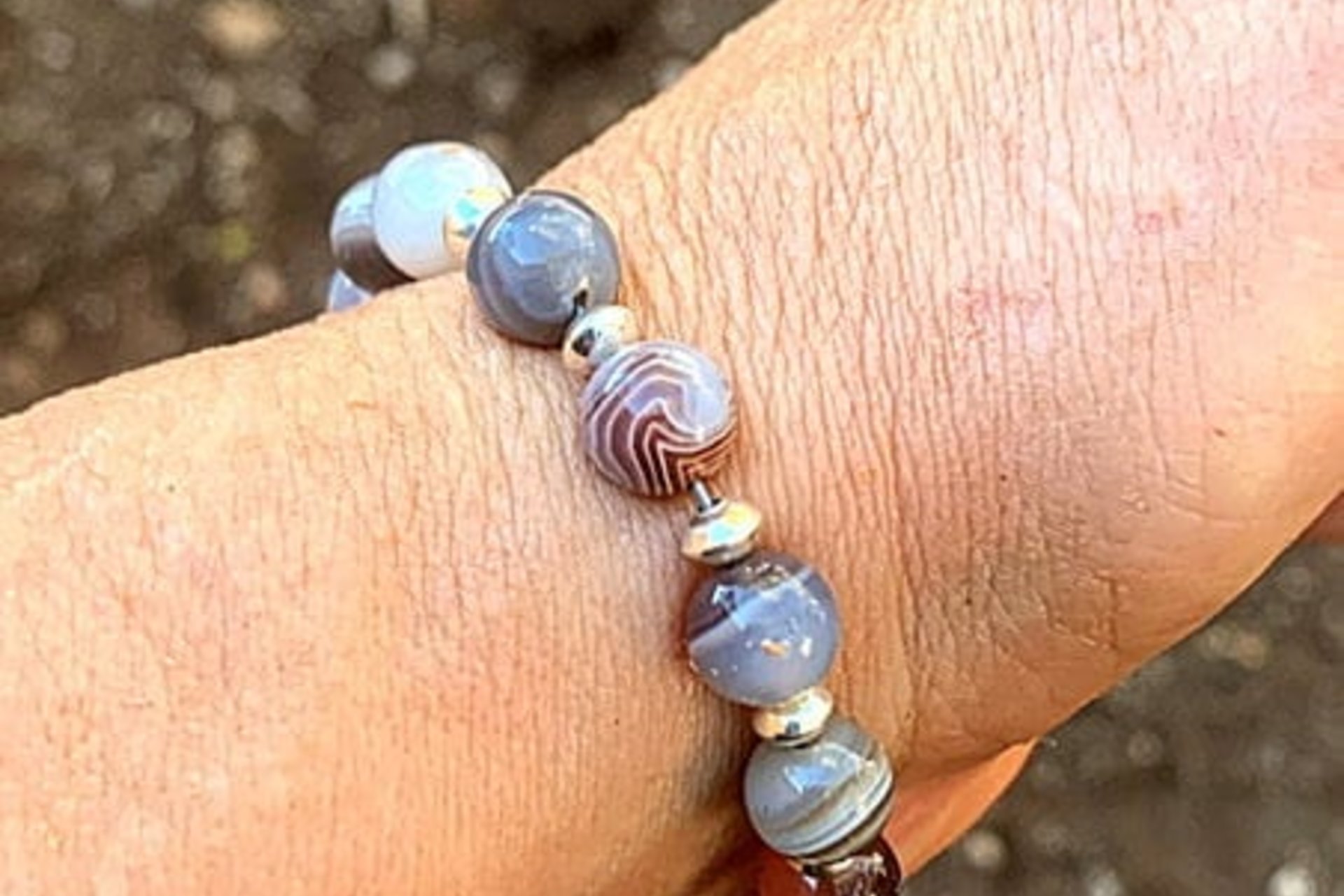 Botswana Agate and Sterling Silver Bracelet, Adjustable, Beaded Gemstone Bracelet