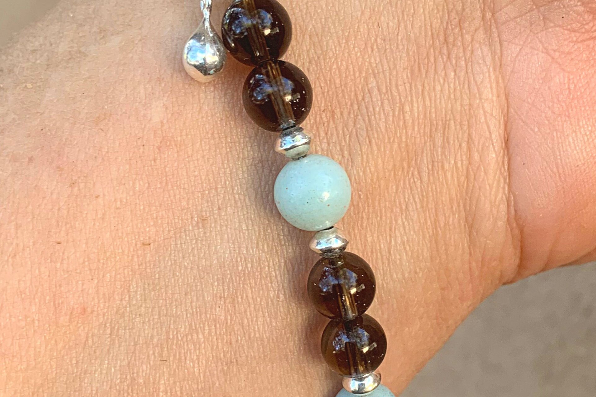 Gemstone and Sterling Silver Bracelet, Amazonite and Smokey Quartz Beaded Bracelet, Adjustable Bracelet