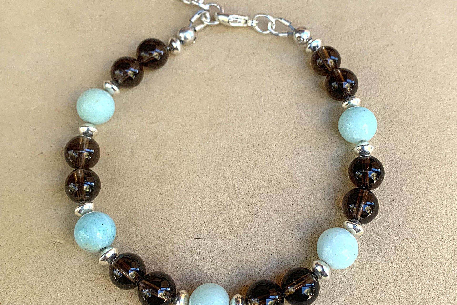 Gemstone and Sterling Silver Bracelet, Amazonite and Smokey Quartz Beaded Bracelet, Adjustable Bracelet