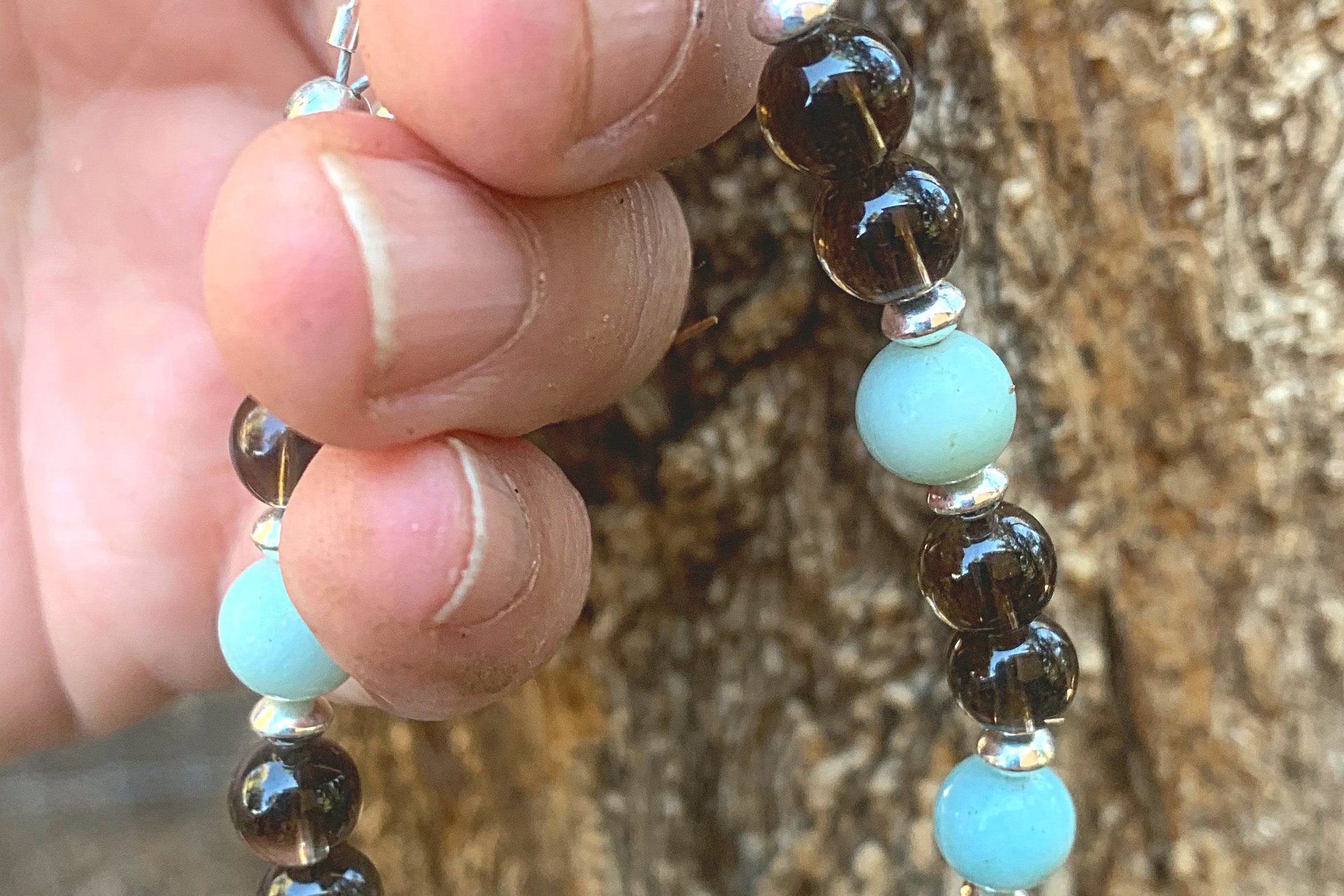 Gemstone and Sterling Silver Bracelet, Amazonite and Smokey Quartz Beaded Bracelet, Adjustable Bracelet