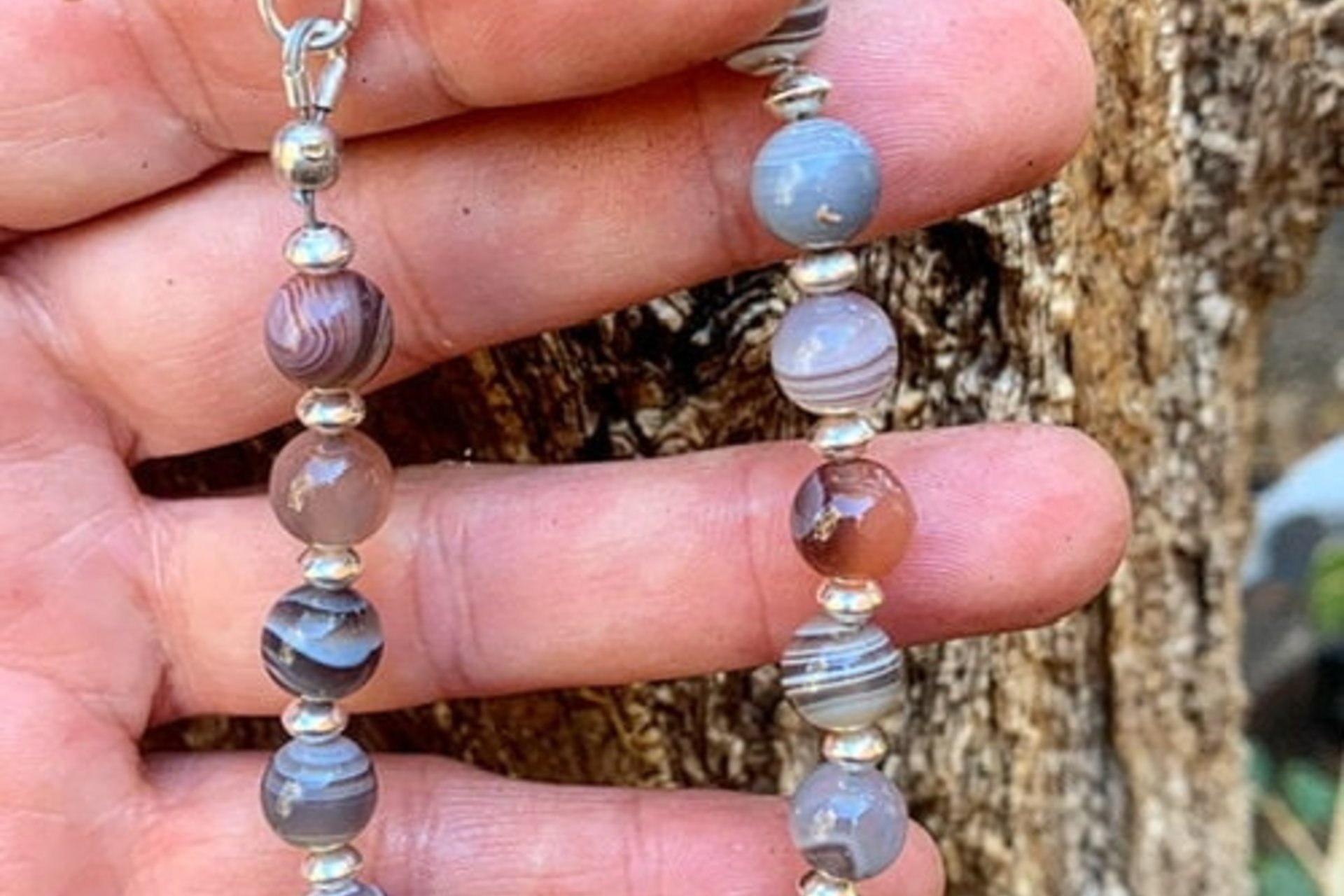 Botswana Agate and Sterling Silver Bracelet, Adjustable, Beaded Gemstone Bracelet